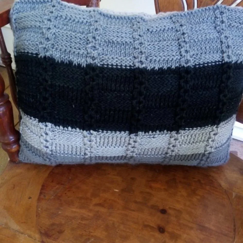 Hand Crafted Knit Throw Pillow Black & Gray Ombre Owl Designer Sofa Couch